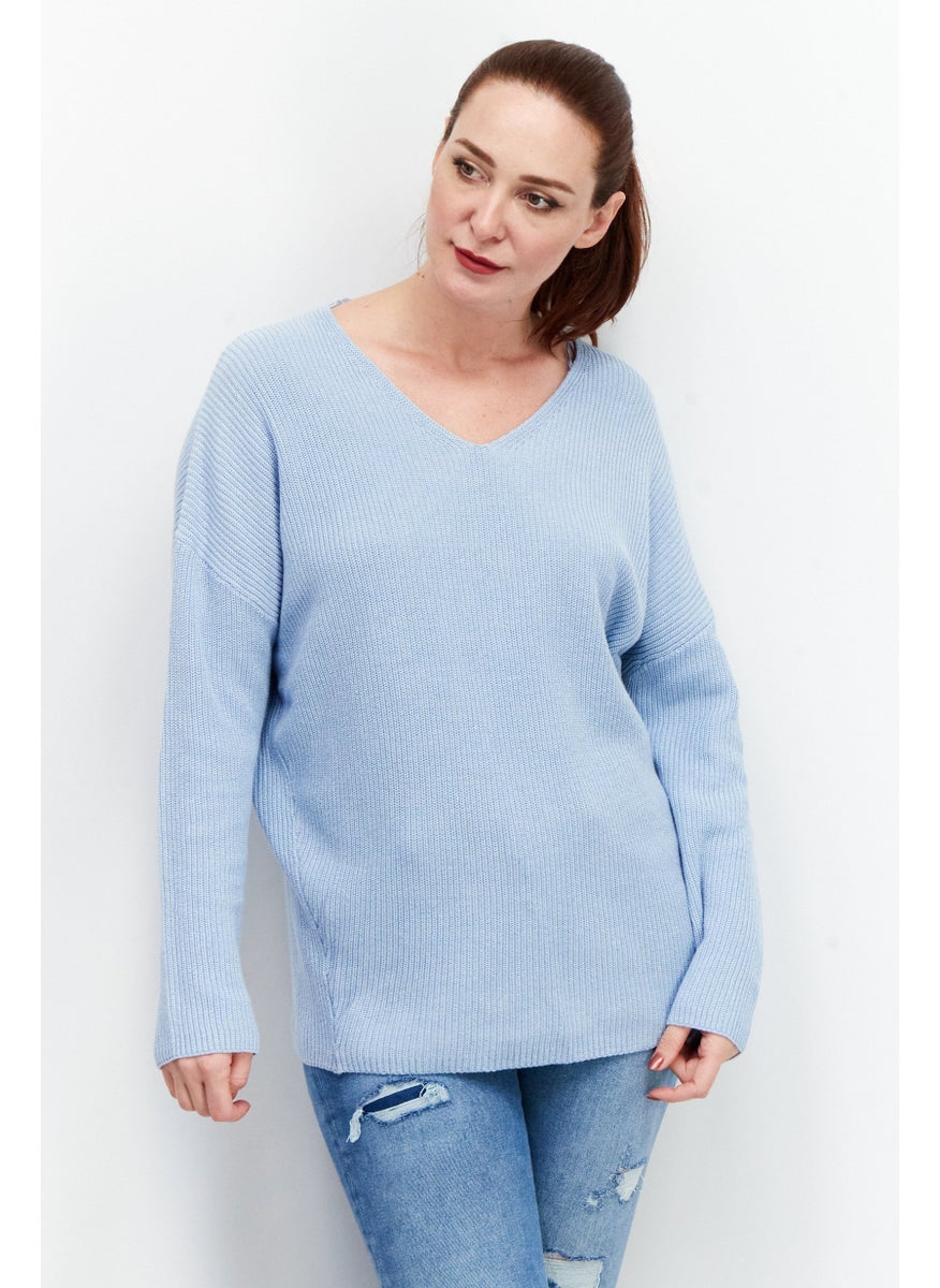 GERRY WEBER Women V Neck Long Sleeve Knitted  Pull Over Sweaters, Sky Blue  - Image 1
