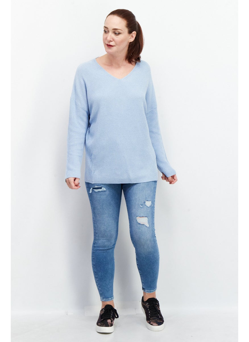 GERRY WEBER Women V Neck Long Sleeve Knitted  Pull Over Sweaters, Sky Blue  - Image 4