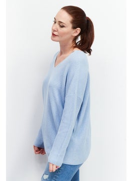 GERRY WEBER Women V Neck Long Sleeve Knitted  Pull Over Sweaters, Sky Blue  - Image 2