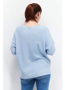 GERRY WEBER Women V Neck Long Sleeve Knitted  Pull Over Sweaters, Sky Blue  - Image 3