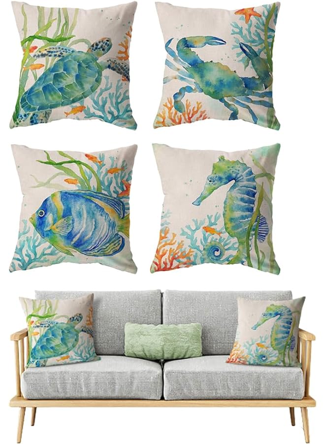 Zaboon Ocean Beach Throw Pillow Covers Azonee Nautical Pillow Covers 18X18 Inch Set Of 4 Summer Theme Sea Turtle Seahorse Sea Fish Sea Crab Decor Square Pillowcase For Patio Couch Sofa - Image 1