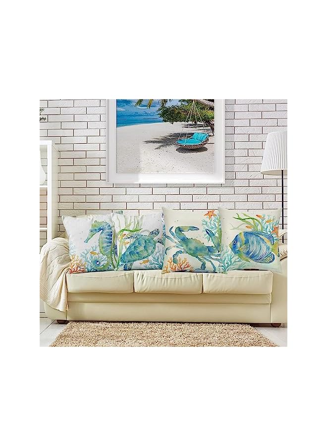 Zaboon Ocean Beach Throw Pillow Covers Azonee Nautical Pillow Covers 18X18 Inch Set Of 4 Summer Theme Sea Turtle Seahorse Sea Fish Sea Crab Decor Square Pillowcase For Patio Couch Sofa - Image 2