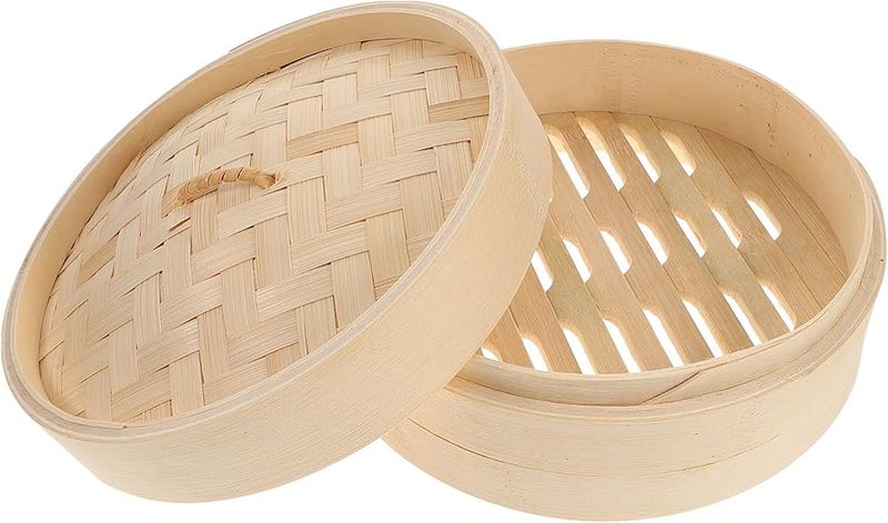 20cm Bamboo Steamer Basket Set with Lid for Dim Sum Vegetables Chinese Food - Image 1