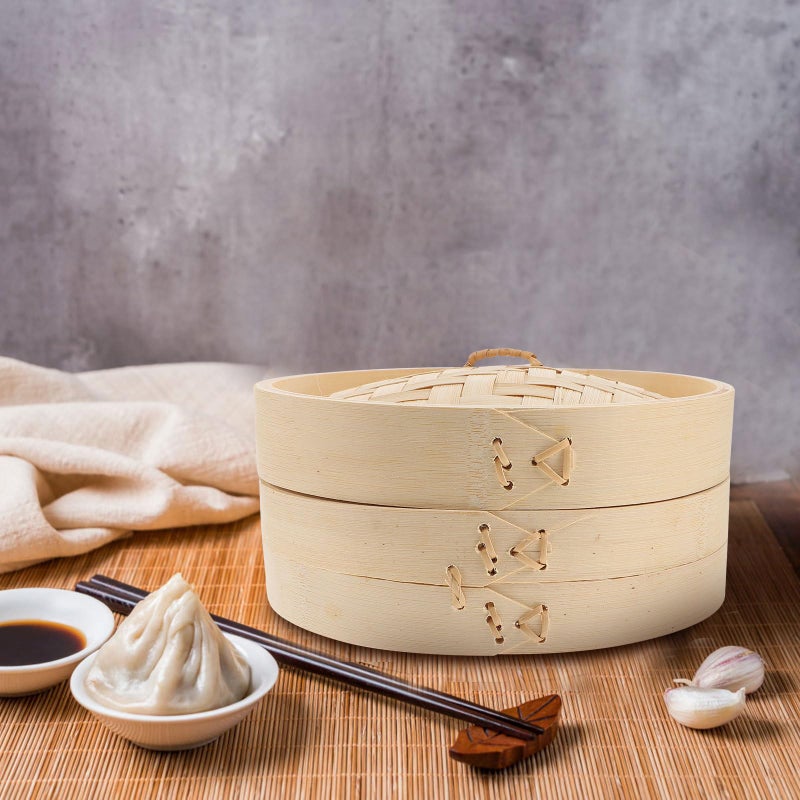 20cm Bamboo Steamer Basket Set with Lid for Dim Sum Vegetables Chinese Food - Image 5