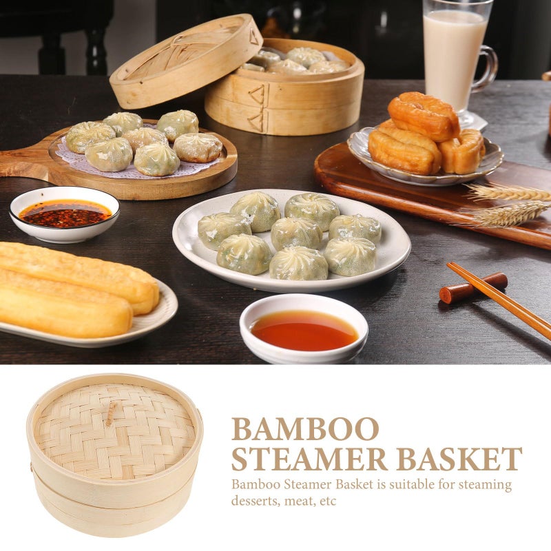 20cm Bamboo Steamer Basket Set with Lid for Dim Sum Vegetables Chinese Food - Image 4
