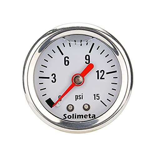 Solimeta 1.5" Dial Size, Oil Filled, 1/8 NPT Inline Fuel Pressure Gauge - 304 Stainless Steel Case, 0-15Psi, +/-3-2-3% - Image 1