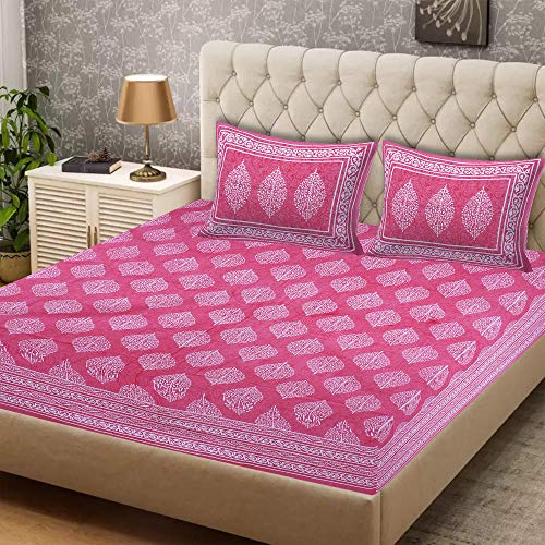 EarlyMart Cotton Comfort 144 TC Rajasthani Jaipuri Traditional Printed Double Bed Bedsheet with 2 Pillow Covers (Double_034, Pink, King Size) - Image 1