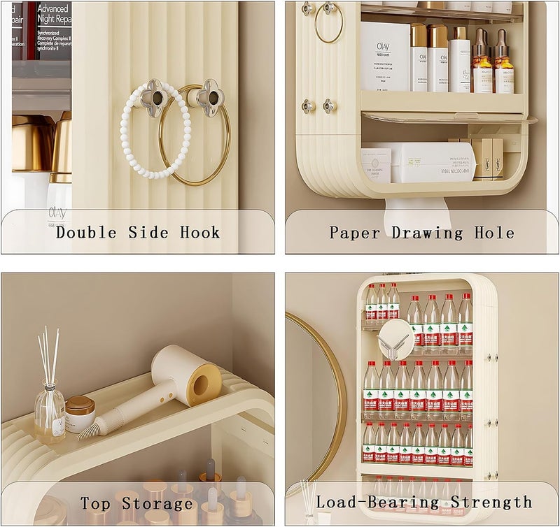 Uniface Bathroom Wall Cabinet, Wall Mounted Bathroom Shelf, 4 Tier Wall Makeup Storage Box, Over Toilet Storage Cabinet, Large Cosmetic Makeup Organizer Display for Bedroom Bathroom Laundry Room - Image 3
