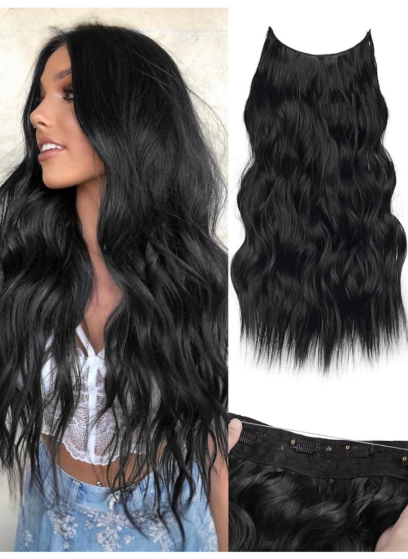 KooKaStyle KooKaStyle Invisible Wire Hair Extensions with Transparent Headband Adjustable Size 4 Secure Clips Black Long Wavy Hairpiece 20 Inch for Women 