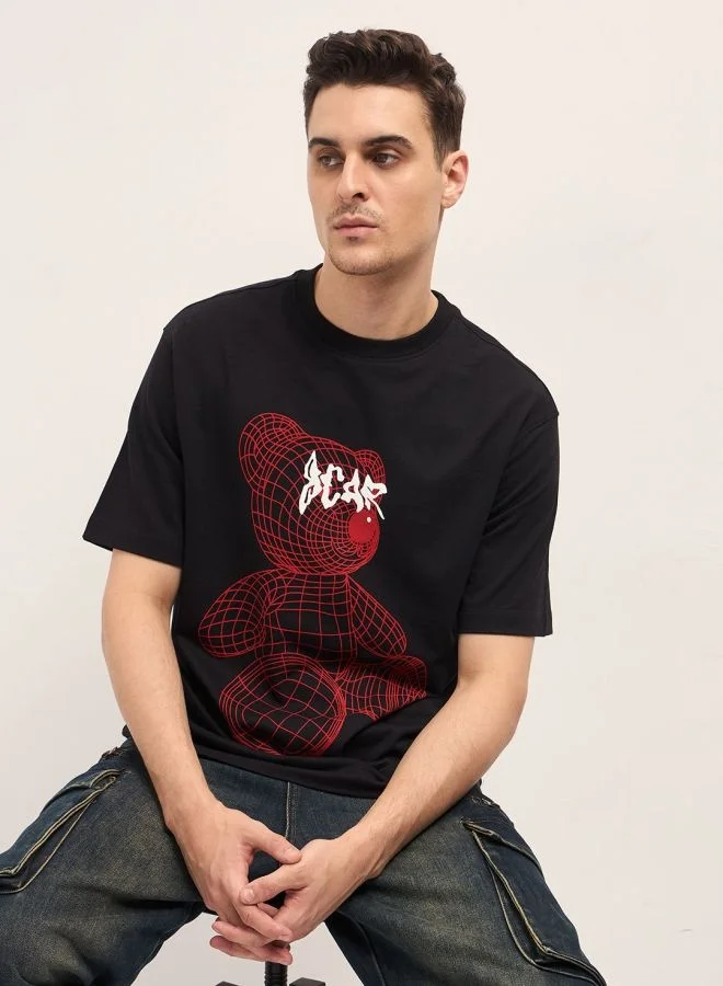 THE BEAR HOUSE Men's Black Wireframe Teddy Bear Graphic Print Crew Neck T-shirt Perfect For Casual Wear, Gym, Travel, Or Layering Stylish And Versatile Essential For Every Wardrobe