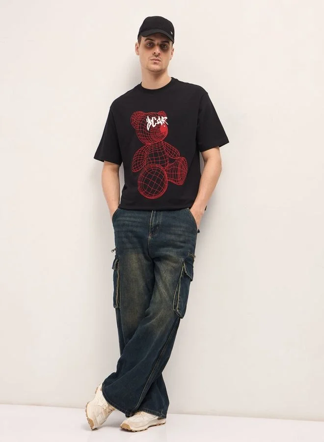 THE BEAR HOUSE Men's Black Wireframe Teddy Bear Graphic Print Crew Neck T-shirt Perfect For Casual Wear, Gym, Travel, Or Layering Stylish And Versatile Essential For Every Wardrobe