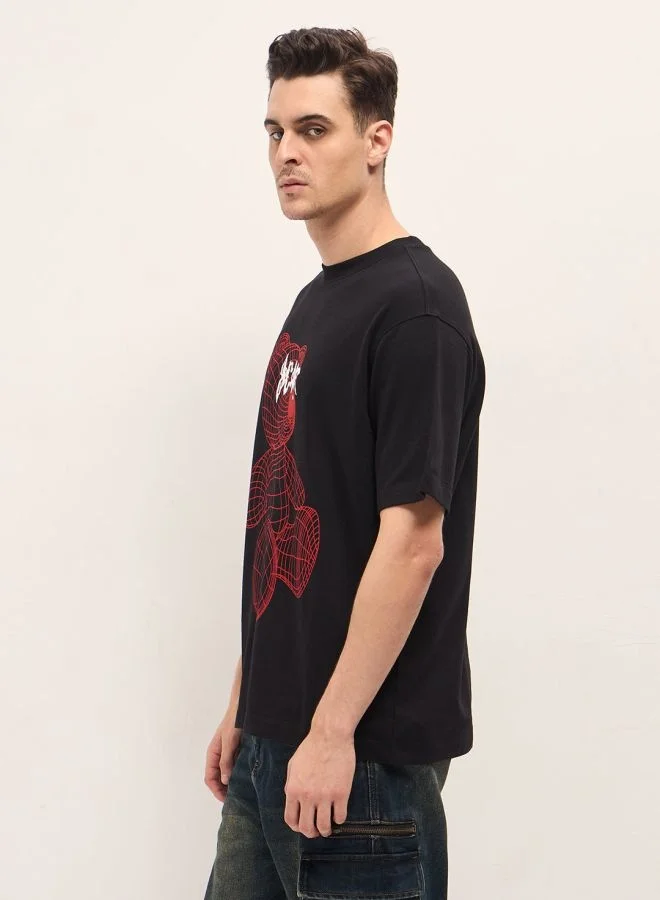 THE BEAR HOUSE Men's Black Wireframe Teddy Bear Graphic Print Crew Neck T-shirt Perfect For Casual Wear, Gym, Travel, Or Layering Stylish And Versatile Essential For Every Wardrobe