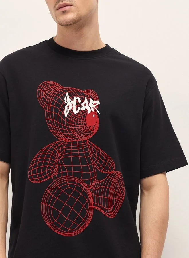 THE BEAR HOUSE Men's Black Wireframe Teddy Bear Graphic Print Crew Neck T-shirt Perfect For Casual Wear, Gym, Travel, Or Layering Stylish And Versatile Essential For Every Wardrobe