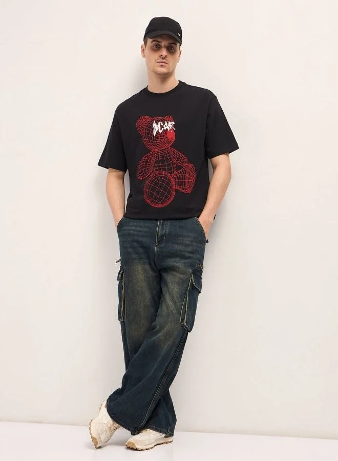 THE BEAR HOUSE  Men's Black Wireframe Teddy Bear Graphic Print Crew Neck T-shirt Perfect For Casual Wear, Gym, Travel, Or Layering Stylish And Versatile Essential For Every Wardrobe for Men | Best Price UAE