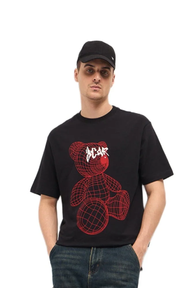 Men's Black Wireframe Teddy Bear Graphic Print Crew Neck T-shirt Perfect For Casual Wear, Gym, Travel, Or Layering Stylish And Versatile Essential For Every Wardrobe