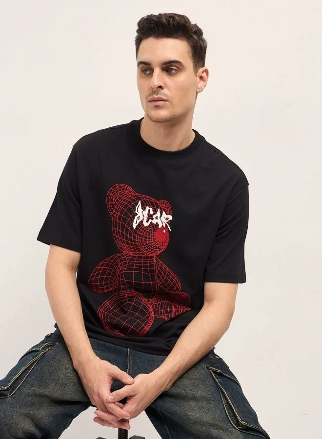 THE BEAR HOUSE Men's Black Wireframe Teddy Bear Graphic Print Crew Neck T-shirt Perfect For Casual Wear, Gym, Travel, Or Layering Stylish And Versatile Essential For Every Wardrobe