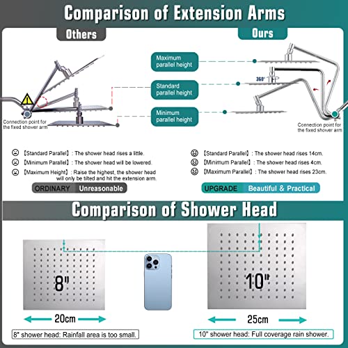 YDmeet 10" High Pressure Rainfall Shower Head with Handheld Combo, Upgrade 12" Extension Arm Height Adjustable, Powerful Stainless Steel Shower Head, Brass Shower Holder Extra Long Shower Hose, Chrome - Image 4