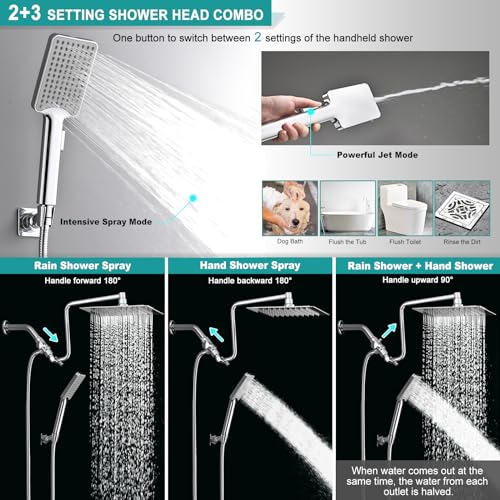 YDmeet 10" High Pressure Rainfall Shower Head with Handheld Combo, Upgrade 12" Extension Arm Height Adjustable, Powerful Stainless Steel Shower Head, Brass Shower Holder Extra Long Shower Hose, Chrome - Image 2