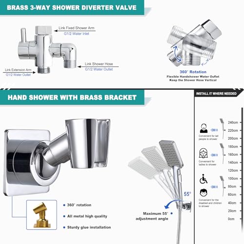YDmeet 10" High Pressure Rainfall Shower Head with Handheld Combo, Upgrade 12" Extension Arm Height Adjustable, Powerful Stainless Steel Shower Head, Brass Shower Holder Extra Long Shower Hose, Chrome - Image 5