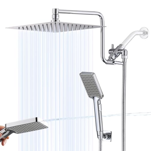 YDmeet 10" High Pressure Rainfall Shower Head with Handheld Combo, Upgrade 12" Extension Arm Height Adjustable, Powerful Stainless Steel Shower Head, Brass Shower Holder Extra Long Shower Hose, Chrome - Image 1