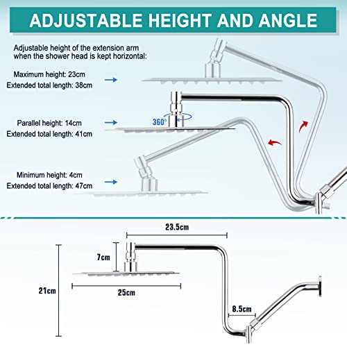 YDmeet 10" High Pressure Rainfall Shower Head with Handheld Combo, Upgrade 12" Extension Arm Height Adjustable, Powerful Stainless Steel Shower Head, Brass Shower Holder Extra Long Shower Hose, Chrome - Image 3