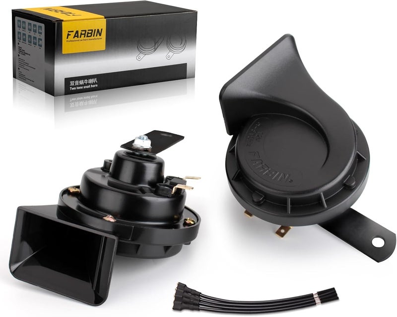 FARBIN بوق السيارات 12 فولت بوق قوي مزدوج النغمة مقاوم للماء مجموعة بوق الحلزوني كهربائي عالمي لأي مركبات 12 فولت أسود (بوق أسود، 12 فولت) - Image 1