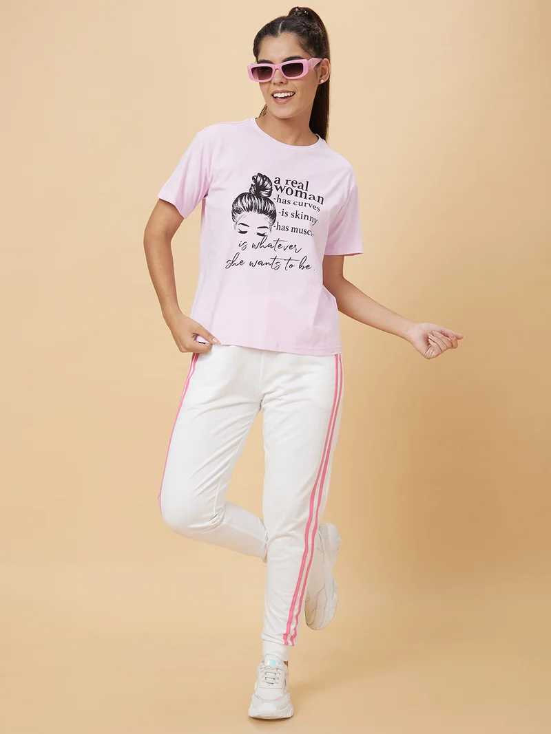 Women Lavender Typography Printed Pure Cotton T-Shirt