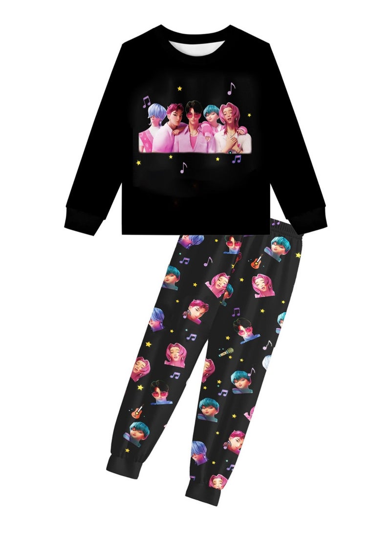 عام طقم بيجاما مطبوع عليه فتيات فرقة كيه-بوب يصطدمن الشياطين، بأكمام طويلة، ملابس نوم ومنزلية. - Image 1