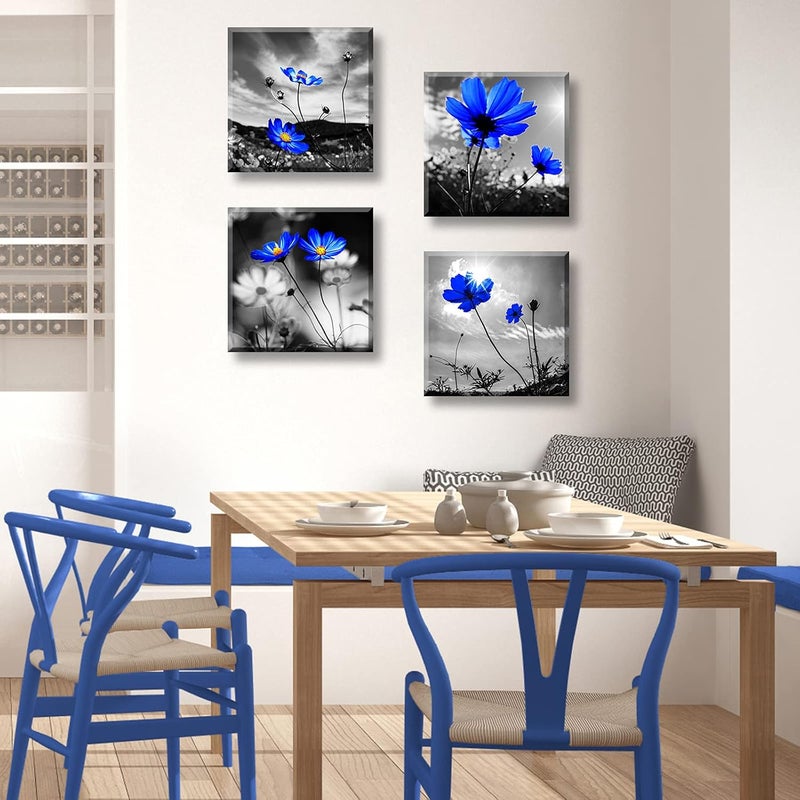 DJSYLIFE Living Room Wall Art Blue Flowers Wall Decor Modern Home Black and Gray Canvas Prints Simple Life Picture for Bedroom Artwork Decorations 12" W x 12" H 4 Pieces - Image 3