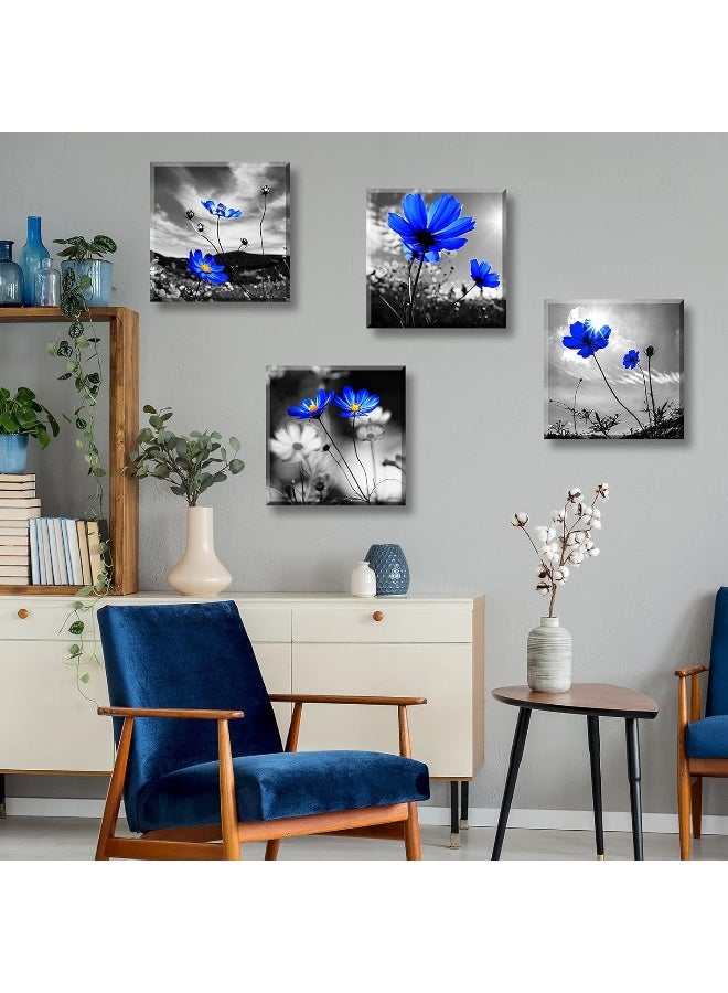 DJSYLIFE Living Room Wall Art Blue Flowers Wall Decor Modern Home Black and Gray Canvas Prints Simple Life Picture for Bedroom Artwork Decorations 12" W x 12" H 4 Pieces - Image 4