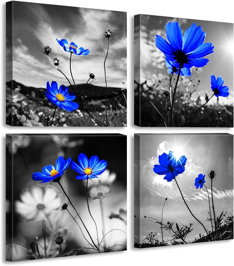 DJSYLIFE Living Room Wall Art Blue Flowers Wall Decor Modern Home Black and Gray Canvas Prints Simple Life Picture for Bedroom Artwork Decorations 12" W x 12" H 4 Pieces - Image 1