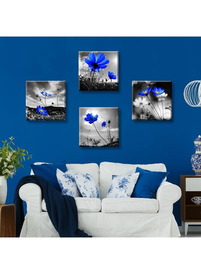 DJSYLIFE Living Room Wall Art Blue Flowers Wall Decor Modern Home Black and Gray Canvas Prints Simple Life Picture for Bedroom Artwork Decorations 12" W x 12" H 4 Pieces - Image 5