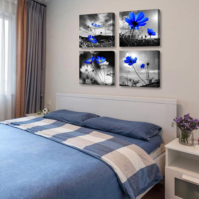 DJSYLIFE Living Room Wall Art Blue Flowers Wall Decor Modern Home Black and Gray Canvas Prints Simple Life Picture for Bedroom Artwork Decorations 12" W x 12" H 4 Pieces - Image 2