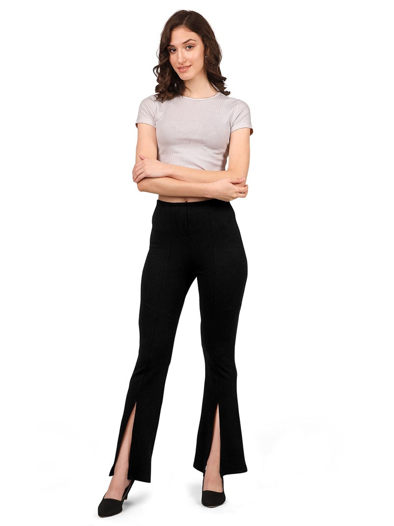 Mehrang Cotton Blend Parallel Trouser Pants Regular Fit High Rise, Bell Bottom Pants For Women (30, Black) - Image 4