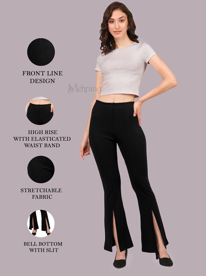 Mehrang Cotton Blend Parallel Trouser Pants Regular Fit High Rise, Bell Bottom Pants For Women (30, Black) - Image 3