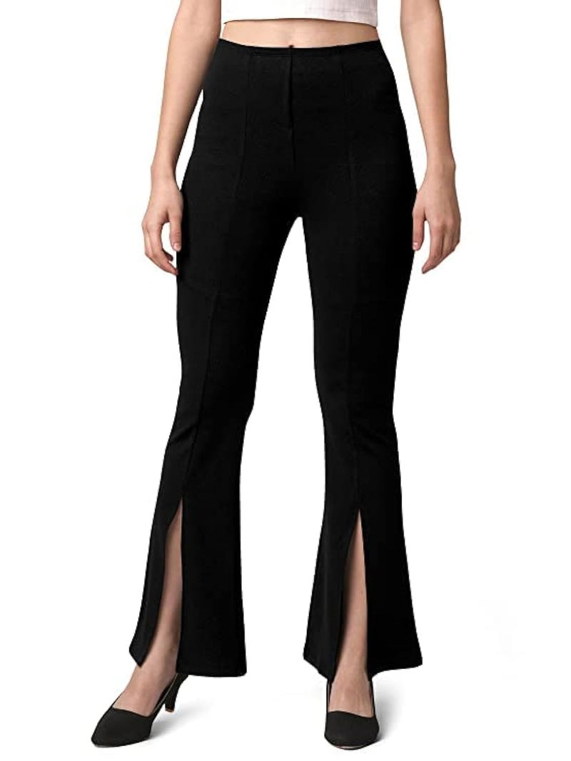 Mehrang Cotton Blend Parallel Trouser Pants Regular Fit High Rise, Bell Bottom Pants For Women (30, Black) - Image 1