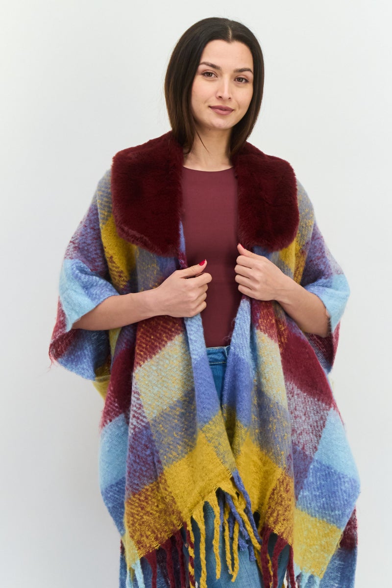 ADRIENNE VITTADINI Women Checkered Poncho Cardigan, Maroon - Image 1