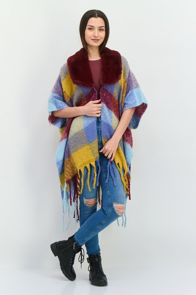 ADRIENNE VITTADINI Women Checkered Poncho Cardigan, Maroon - Image 2