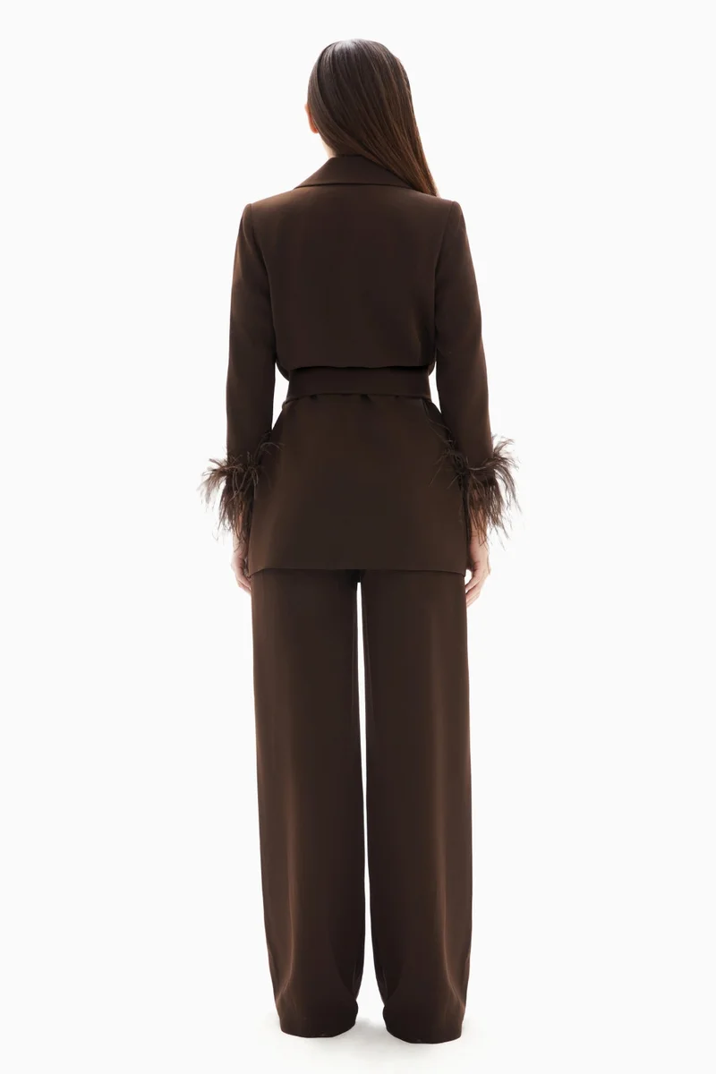 Wecre8 Brown Set of Feathered Blazer Jacket and Trousers By WECRE8
