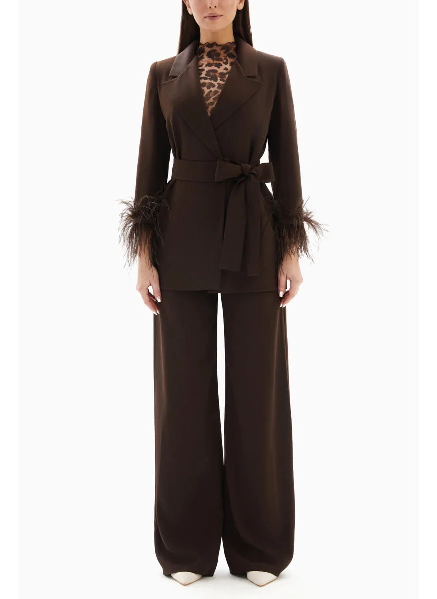 Wecre8 Brown Set of Feathered Blazer Jacket and Trousers By WECRE8