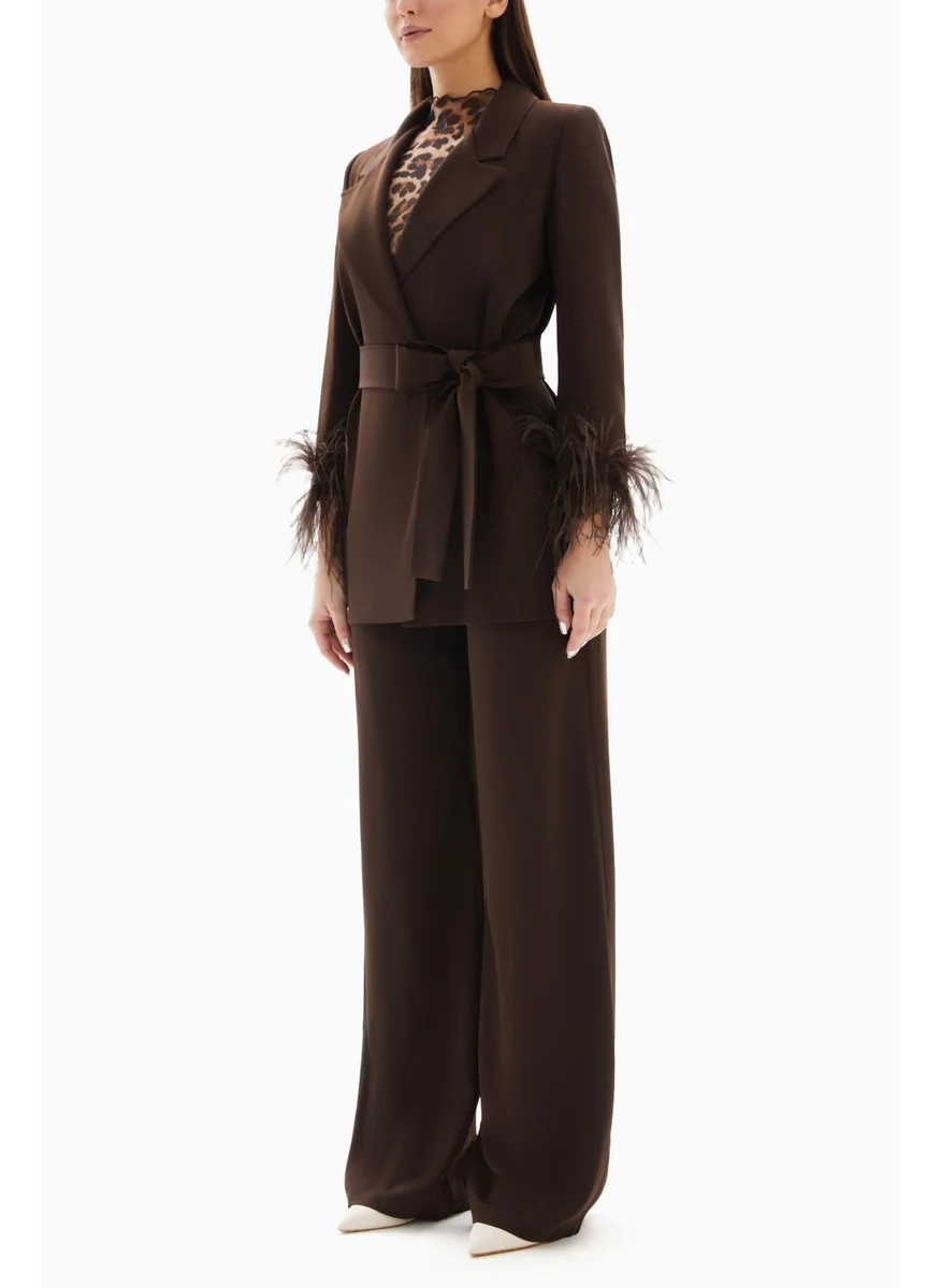 Wecre8 Brown Set of Feathered Blazer Jacket and Trousers By WECRE8