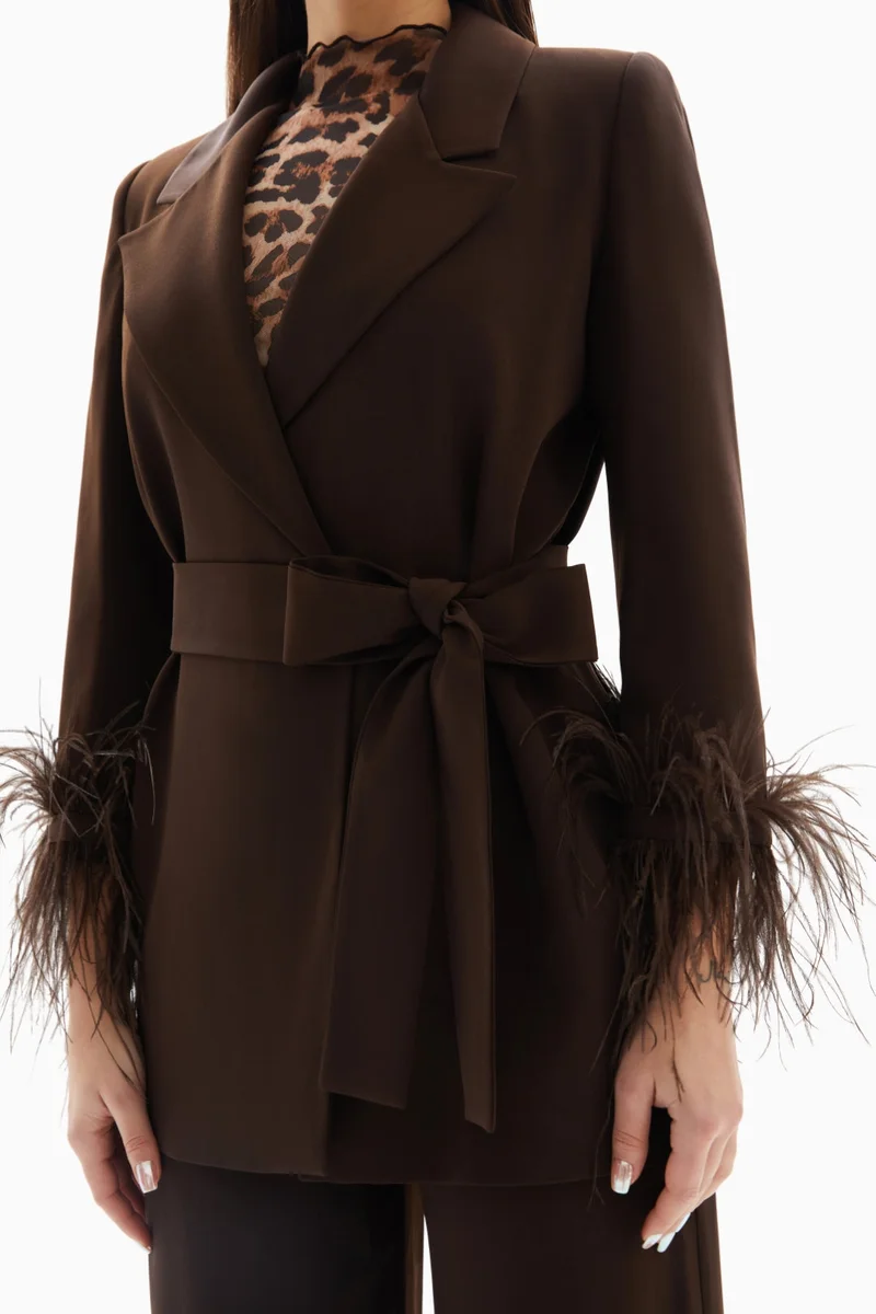 Wecre8 Brown Set of Feathered Blazer Jacket and Trousers By WECRE8