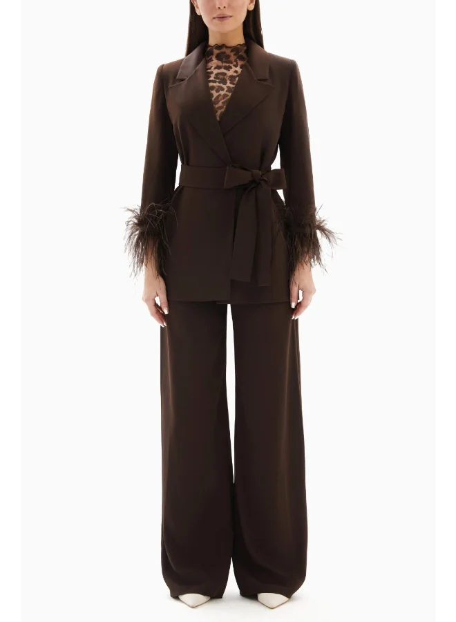 Wecre8 Brown Set of Feathered Blazer Jacket and Trousers