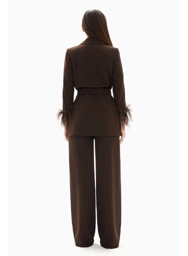 Wecre8 Brown Set of Feathered Blazer Jacket and Trousers