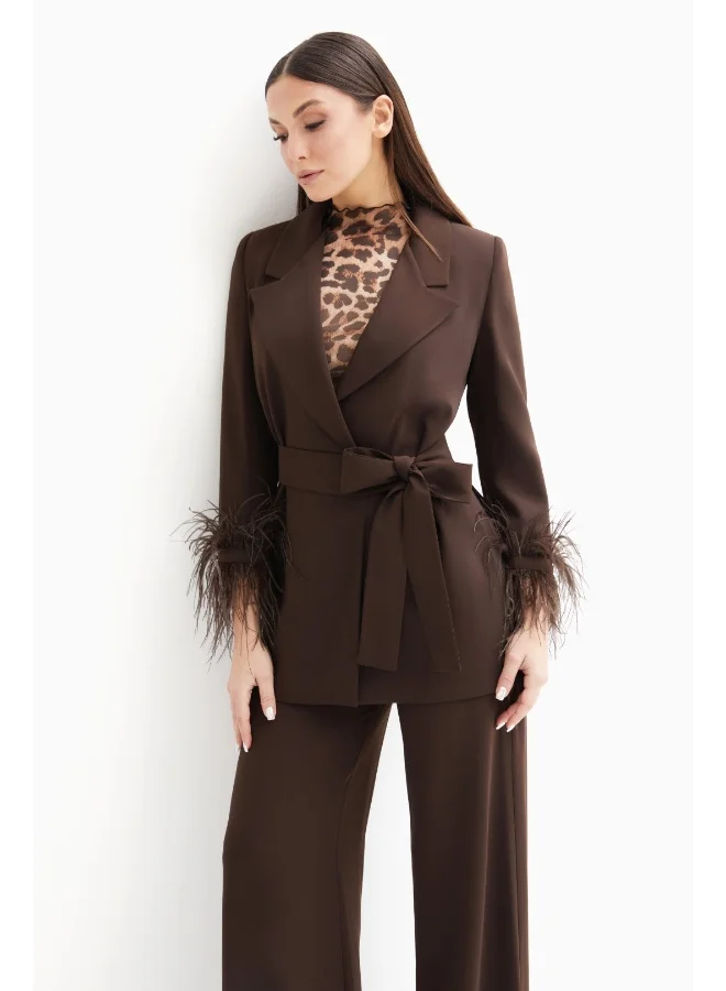 Wecre8 Brown Set of Feathered Blazer Jacket and Trousers