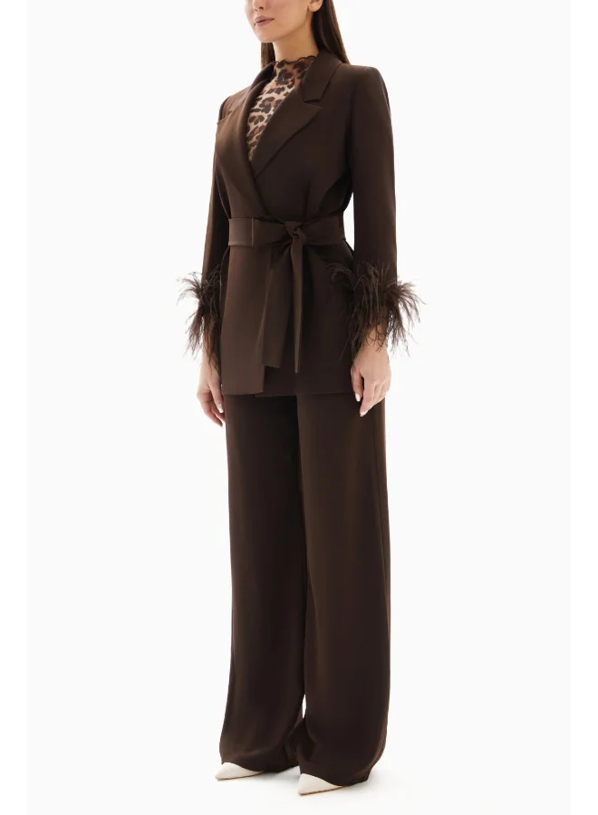 Wecre8 Brown Set of Feathered Blazer Jacket and Trousers