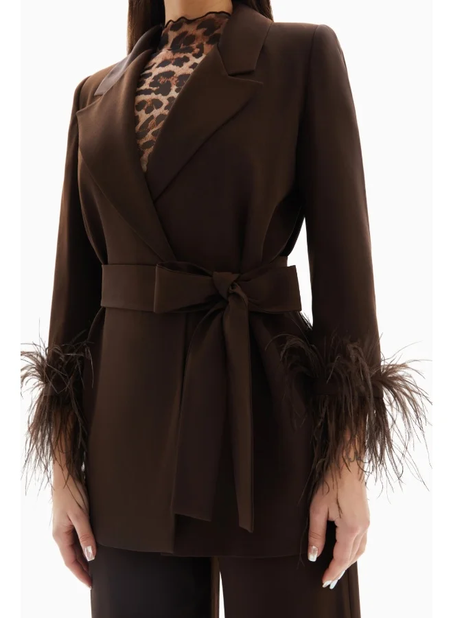 Wecre8 Brown Set of Feathered Blazer Jacket and Trousers