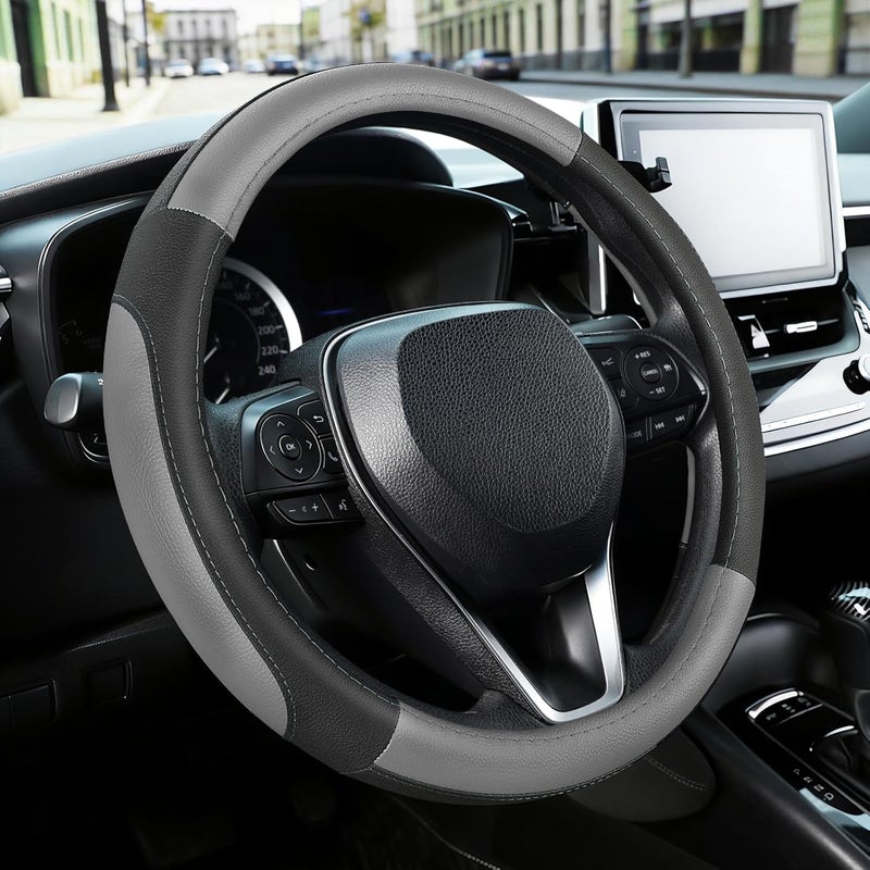 SEG Direct Car Steering Wheel Cover for Prius Civic 14-14.25 inch, Black and Gray Microfiber Leather - Image 1