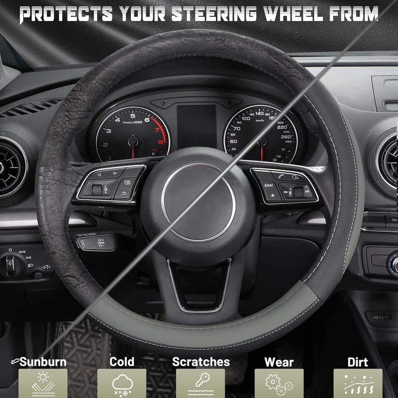 SEG Direct Car Steering Wheel Cover for Prius Civic 14-14.25 inch, Black and Gray Microfiber Leather - Image 4