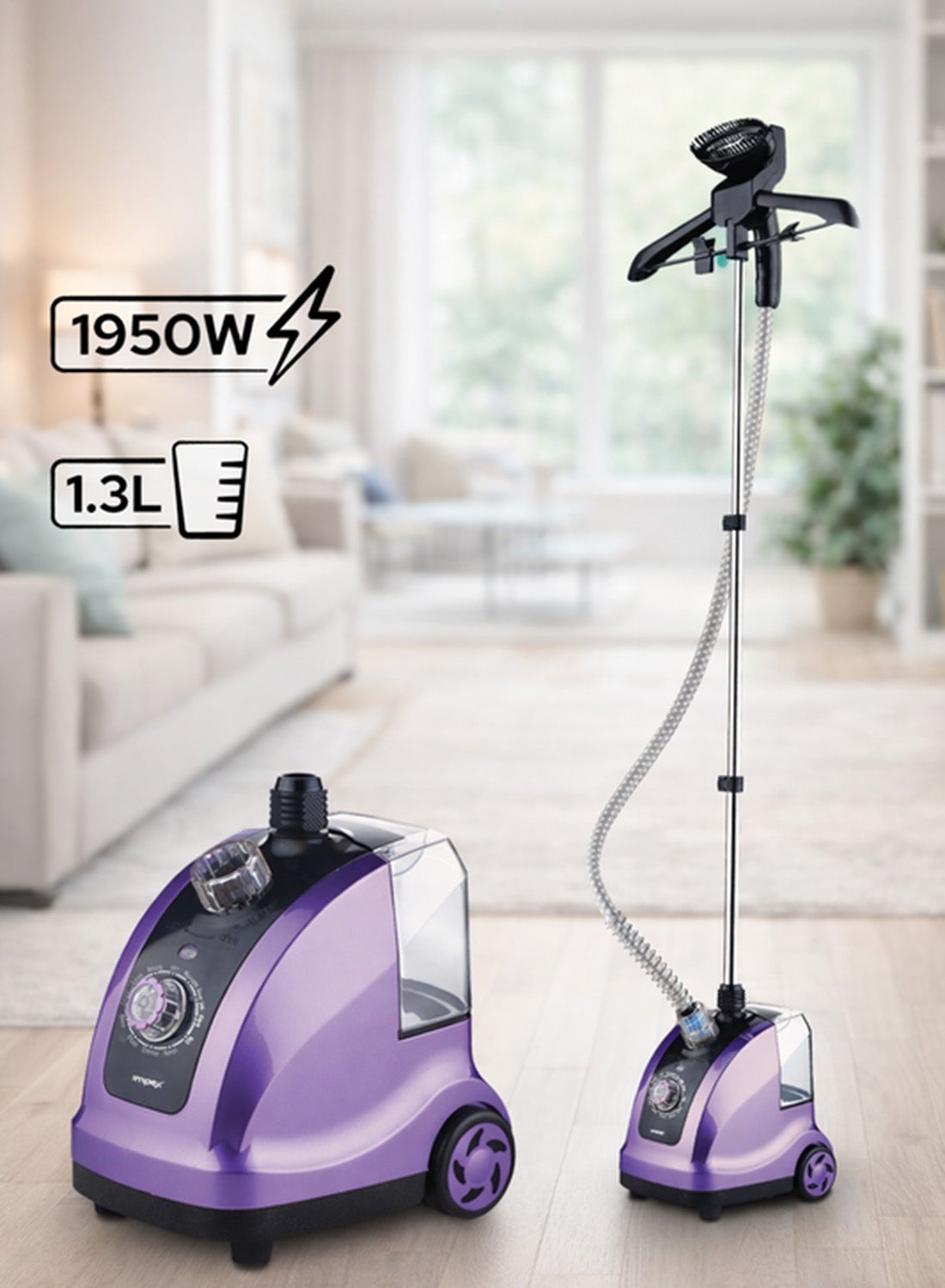 Electric Garment Steamer, 1950W, 38s Preheat, 32g/min Steam Rate, 1.3L WaterTank, 40Min Runtime, AdjustableAluminum Pole, Coat Hanger, Brush & GloveAccessories, Hairbrush Head 1.3 L 1950 W GSM 6010 Purple/Black/Clear